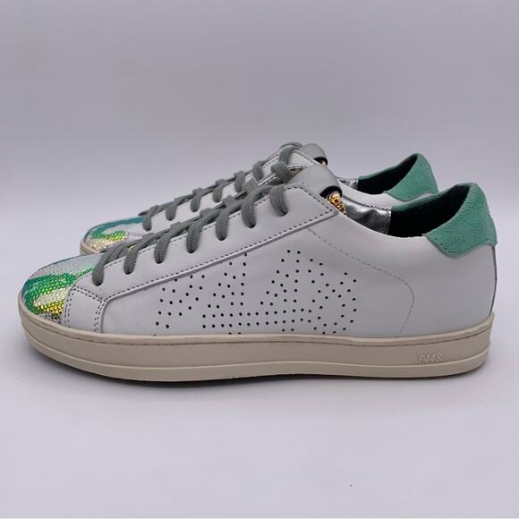P448 John Women's White Leather Glitter Camo Iridescent Sneakers - Size: EUR 36 - Picture 2 of 15